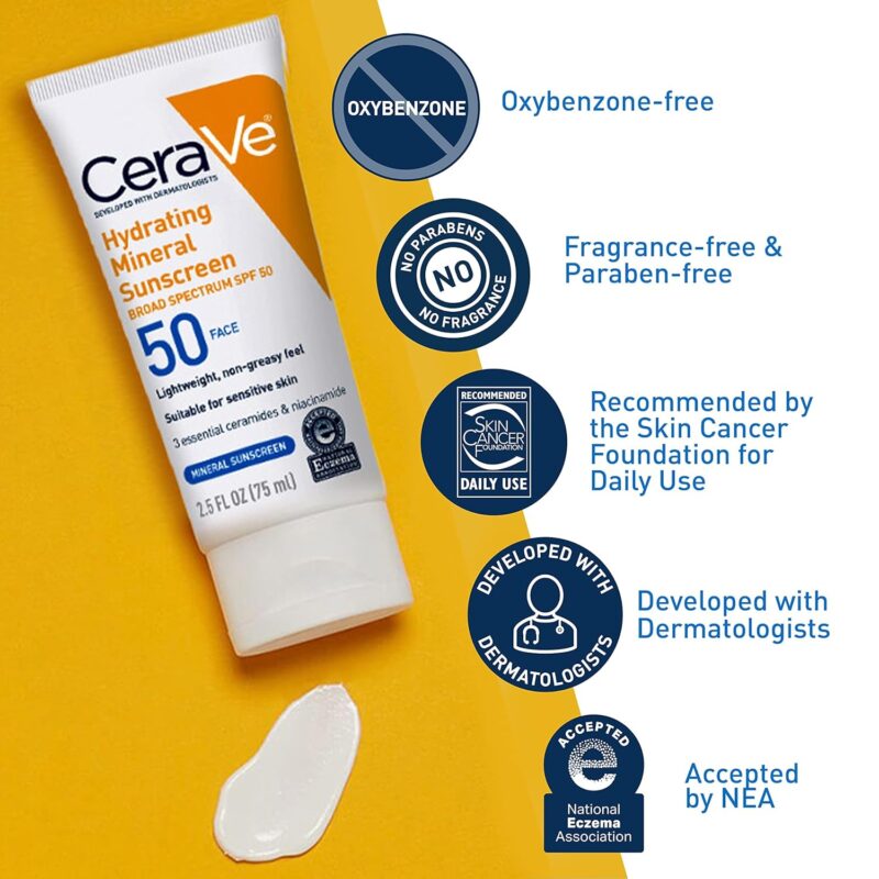 CeraVe 100% Mineral Sunscreen SPF 50 | Face sunscreen With Zinc Oxide & Titanium Dioxide |